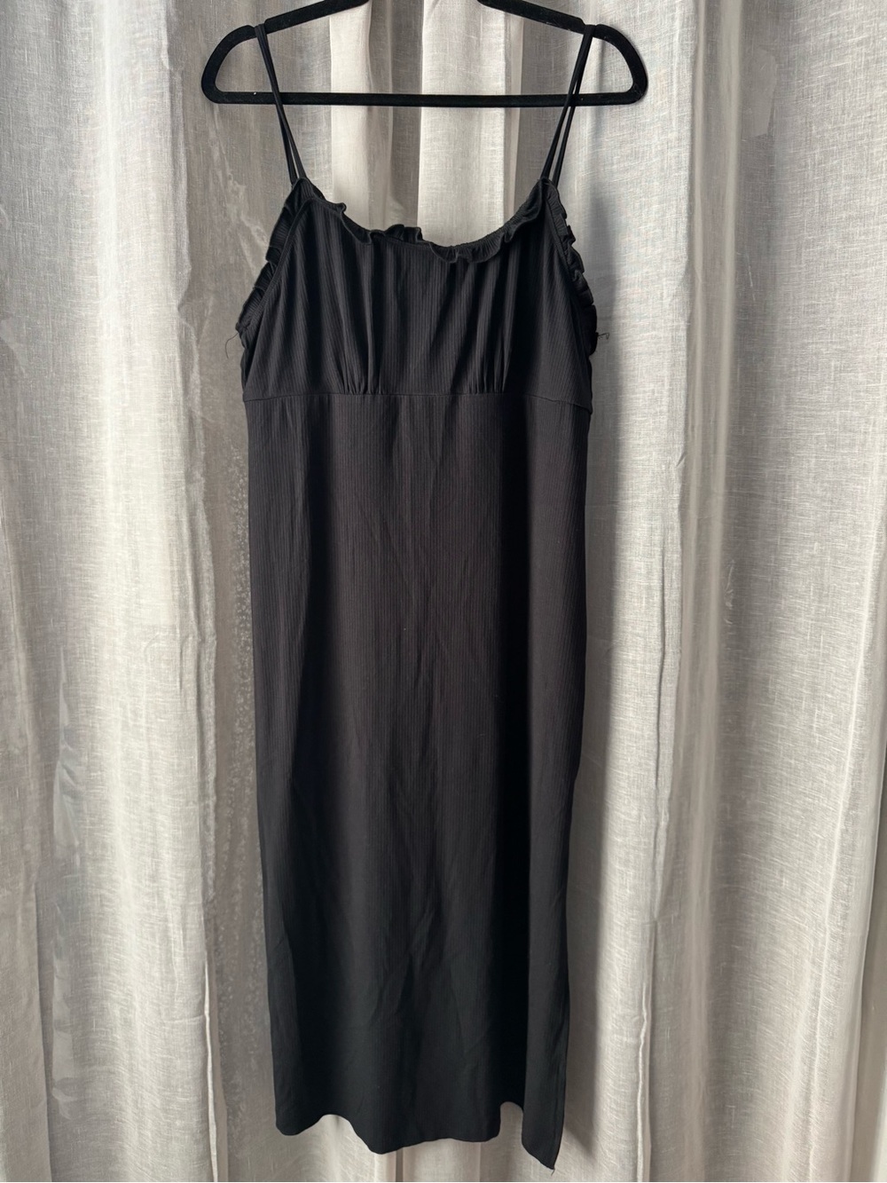 Blue Rain Black Spaghetti-Strap Midi Dress with Ruffle Neckline